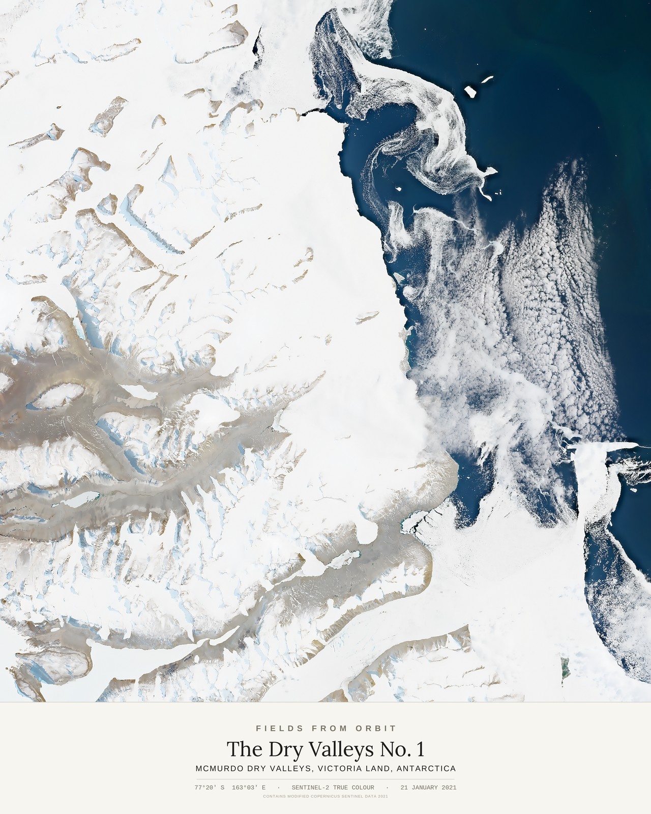 The Dry Valleys No. 1 — satellite art print of McMurdo Dry Valleys, Victoria Land, Antarctica, captured 2021-01-21