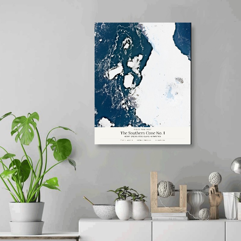 The Southern Cone No. 1 — 16x20 gallery-wrapped canvas print of Mount Erebus, Ross Island, Antarctica shown hanging on a wall