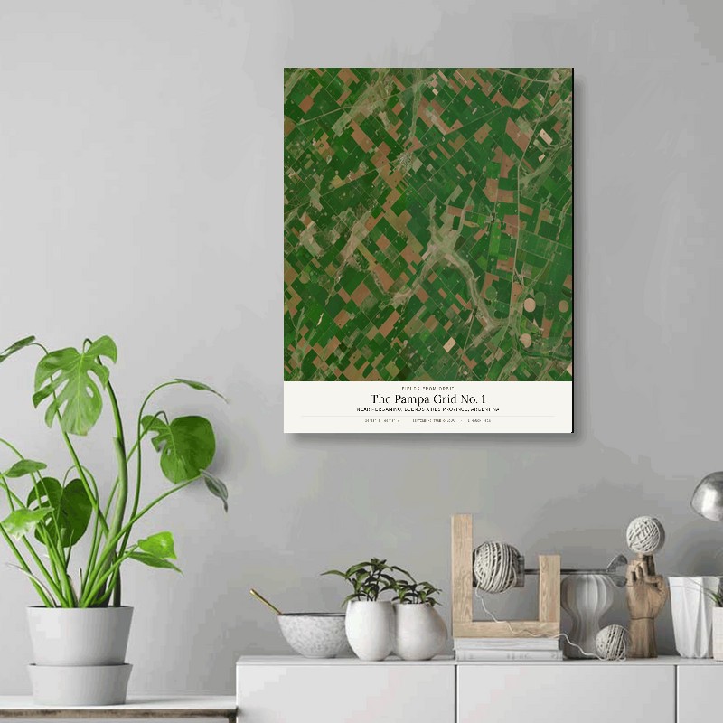 The Pampa Grid No. 1 — 16x20 gallery-wrapped canvas print of Near Pergamino, Buenos Aires Province, Argentina shown hanging on a wall