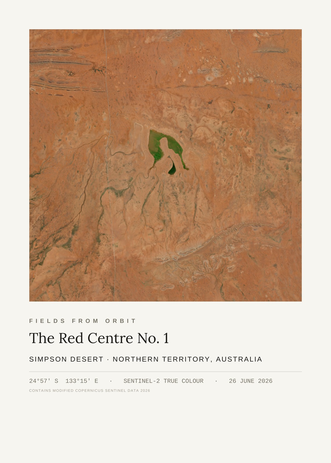 The Red Centre No. 1 — satellite art print of Simpson Desert claypan, Northern Territory, Australia, captured 2026-06-26