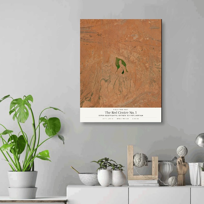 The Red Centre No. 1 — 16x20 gallery-wrapped canvas print of Simpson Desert claypan, Northern Territory, Australia shown hanging on a wall