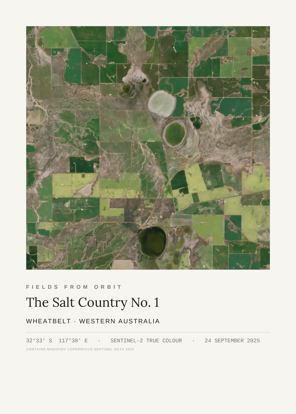 The Salt Country No. 1 — satellite art print of Wheatbelt, Western Australia, captured 2025-09-24