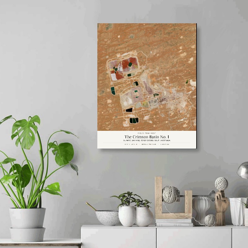 The Crimson Basin No. 1 — 16x20 gallery-wrapped canvas print of Olympic Dam Mine, Roxby Downs, South Australia shown hanging on a wall