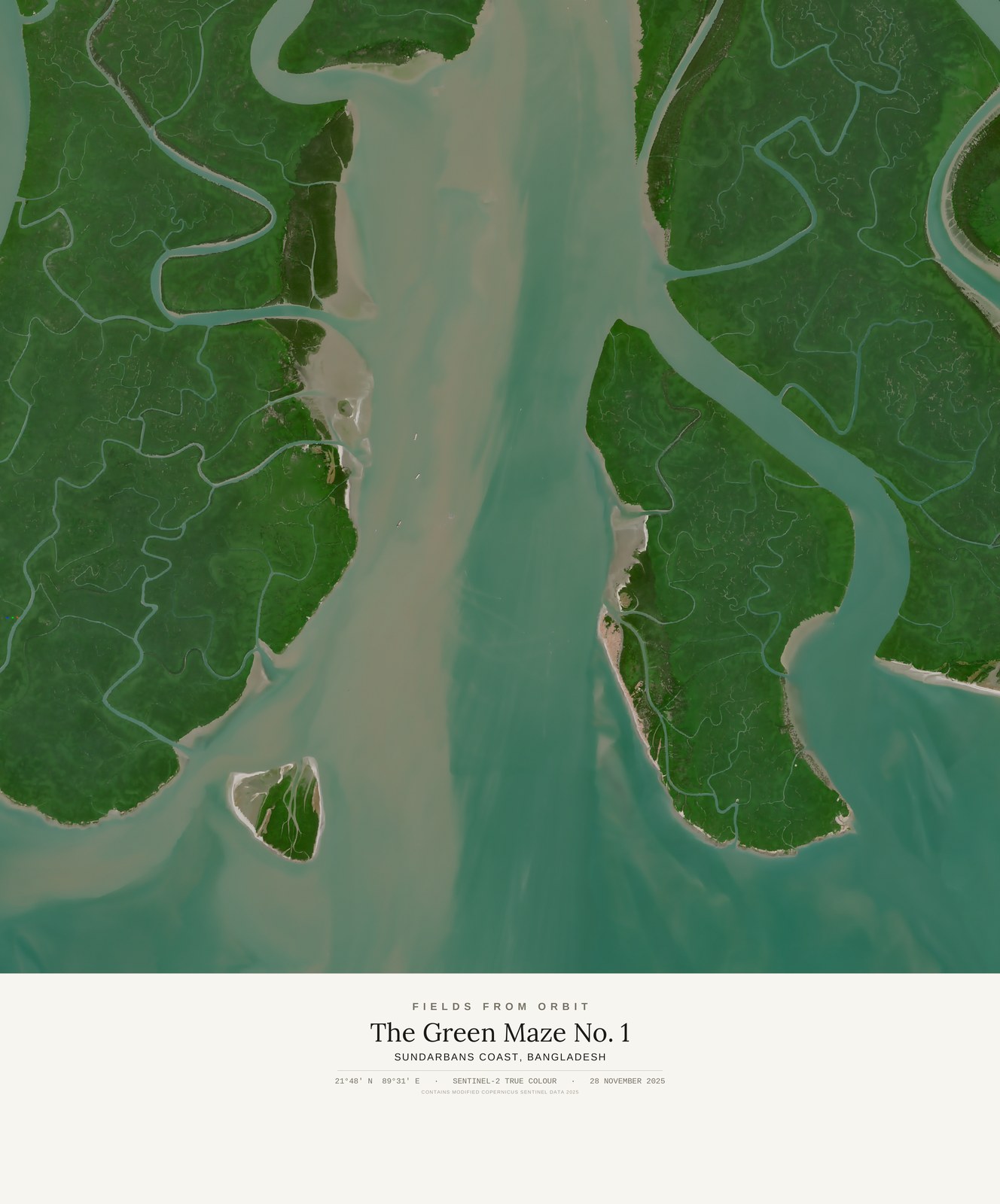 The Green Maze No. 1 — satellite art print of Sundarbans coast · Bangladesh, captured 2025-11-28