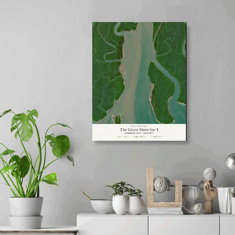 The Green Maze No. 1 — 16x20 gallery-wrapped canvas print of Sundarbans coast · Bangladesh shown hanging on a wall