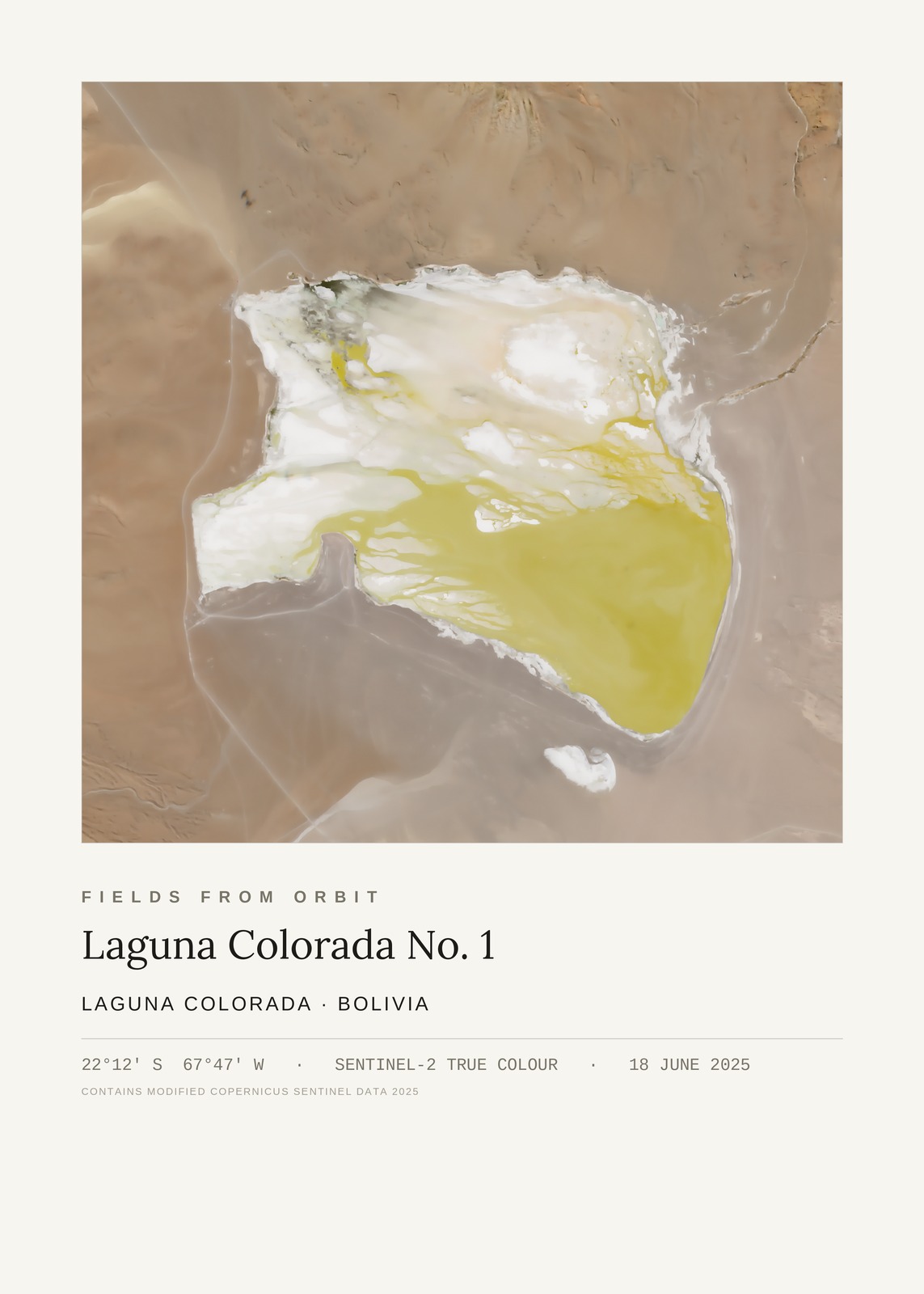 Laguna Colorada No. 1 — satellite art print of Laguna Colorada, Bolivian altiplano, captured 2025-06-18