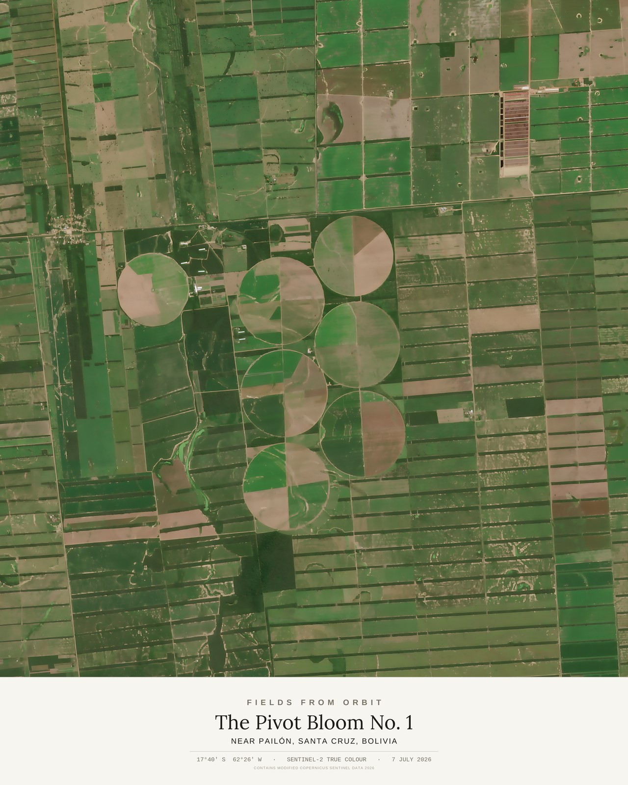 The Pivot Bloom No. 1 — satellite art print of Near Pailón, Santa Cruz, Bolivia, captured 2026-07-07