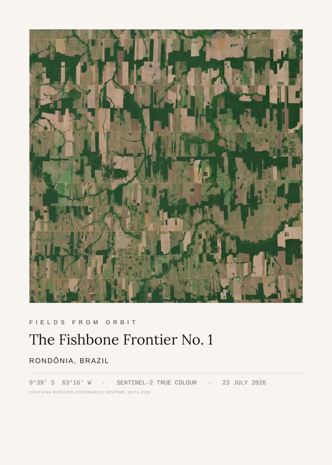 The Fishbone Frontier No. 1 — satellite art print of Rondônia, Brazil, captured 2026-07-23