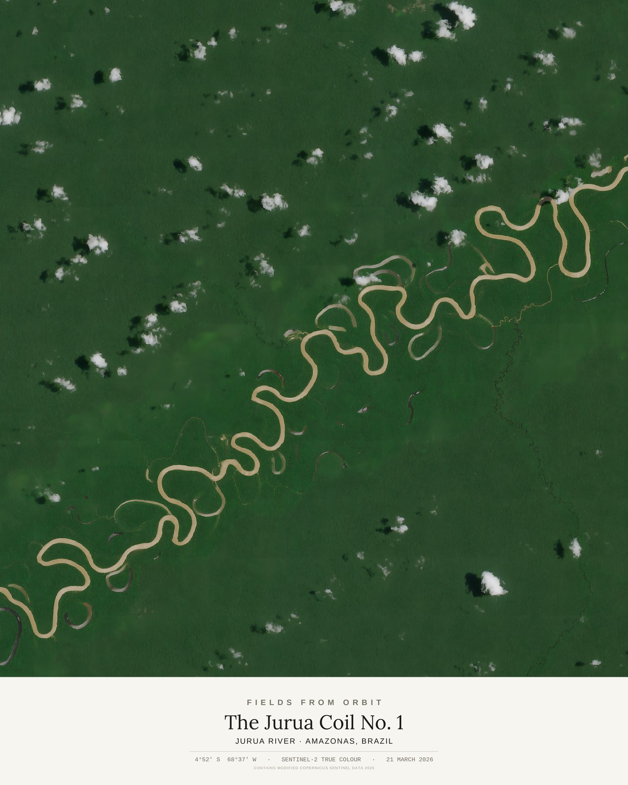The Jurua Coil No. 1 — satellite art poster of Jurua River, Amazonas, Brazil, shown with its museum label
