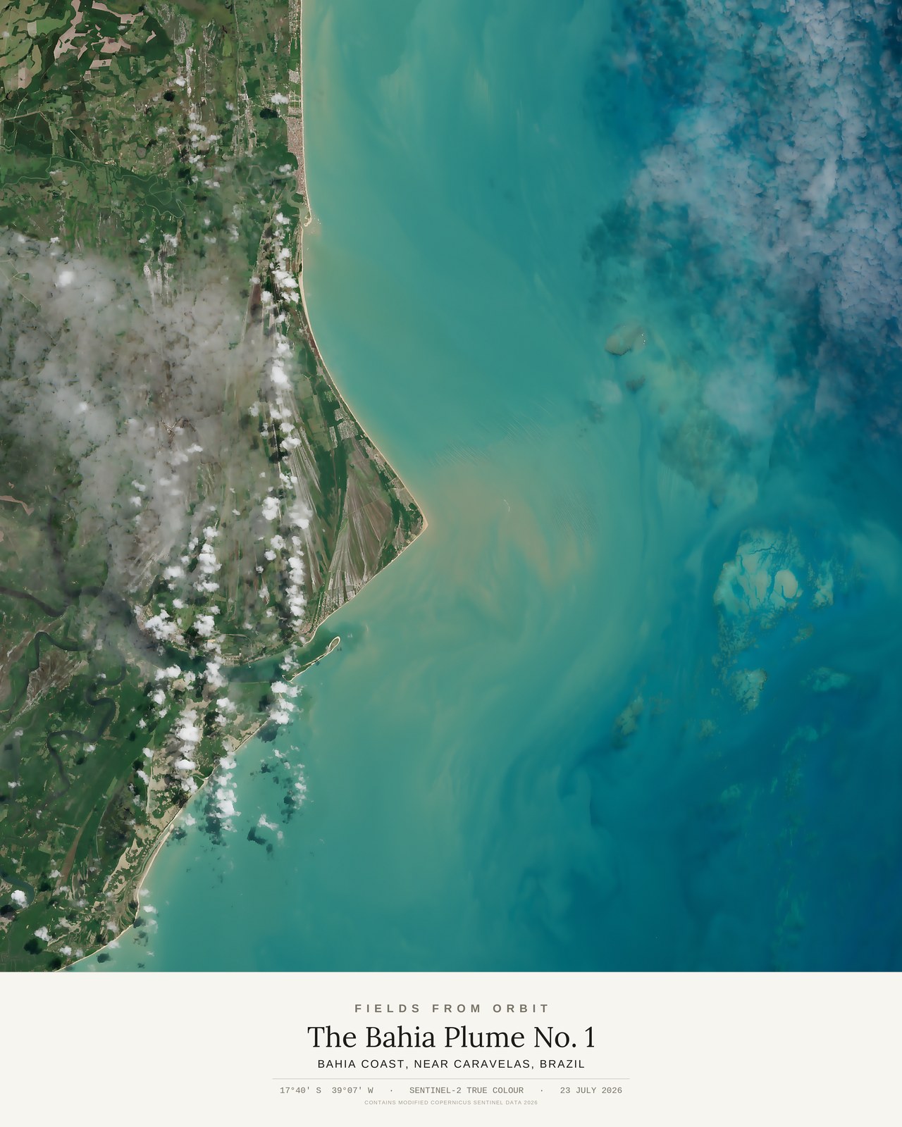 The Bahia Plume No. 1 — satellite art poster of Bahia Coast, near Caravelas, Brazil, shown with its museum label