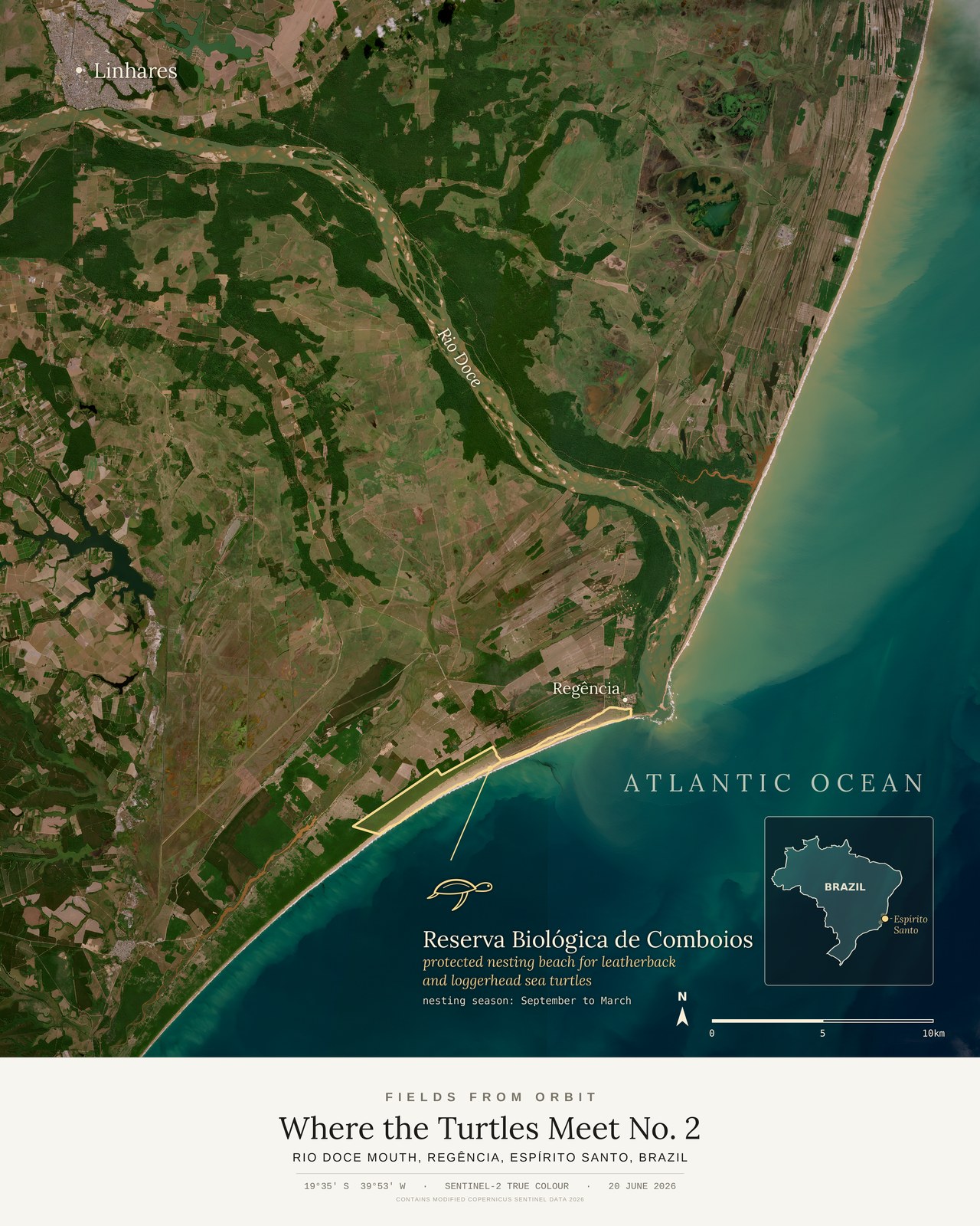 Where the Turtles Meet No. 2 — satellite art print of Rio Doce mouth, Regência, Espírito Santo, Brazil, captured 2026-06-20