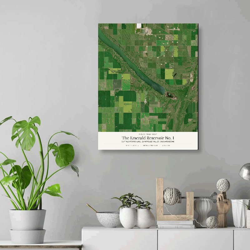 The Emerald Reservoir No. 1 — 16x20 gallery-wrapped canvas print of Buffalo Pound Lake, Qu'Appelle valley, Saskatchewan shown hanging on a wall