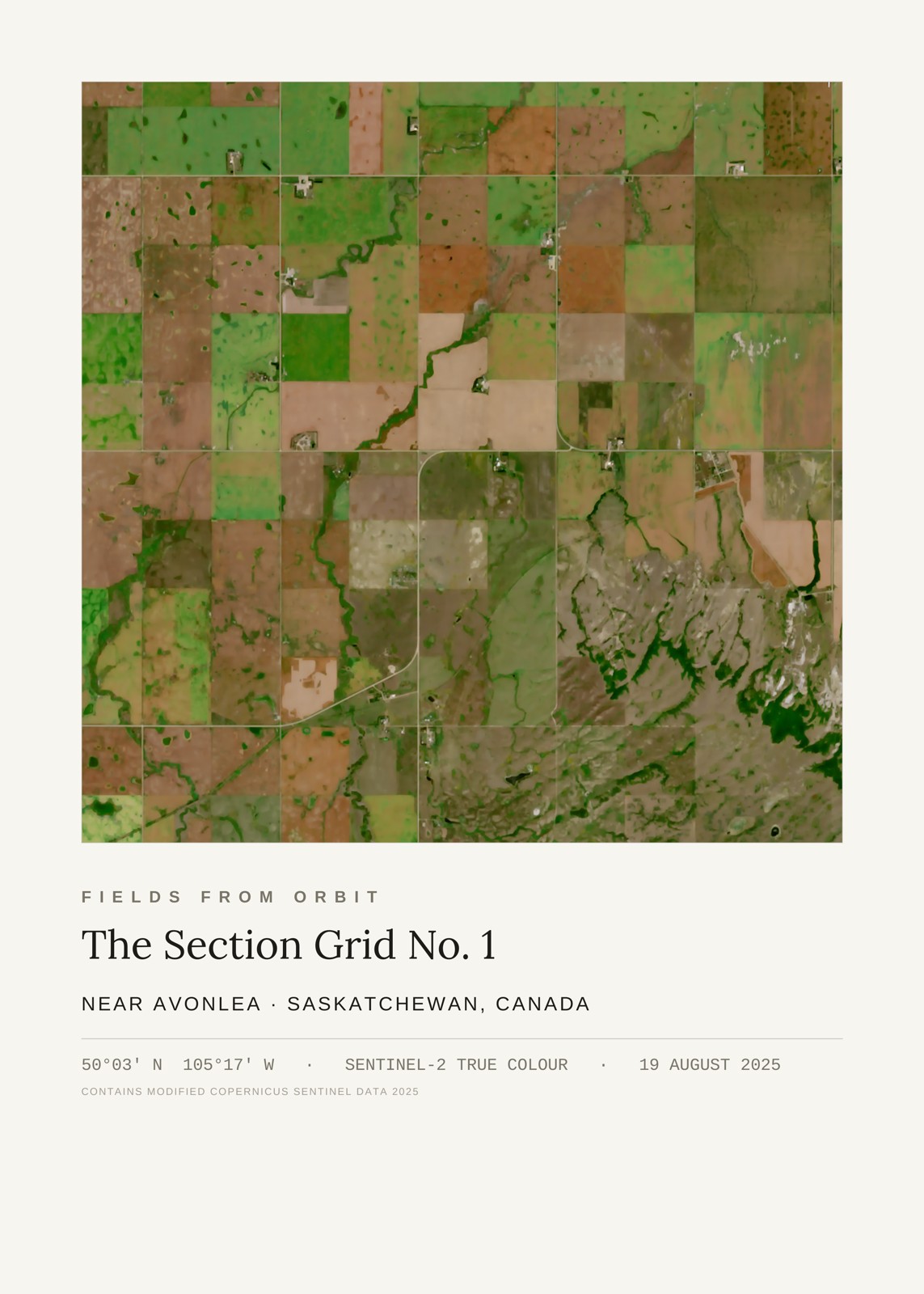 The Section Grid No. 1 — satellite art print of Near Avonlea, south of Moose Jaw, Saskatchewan, captured 2025-08-19