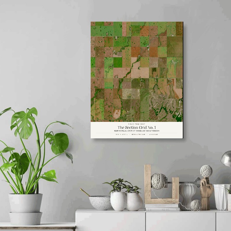 The Section Grid No. 1 — 16x20 gallery-wrapped canvas print of Near Avonlea, south of Moose Jaw, Saskatchewan shown hanging on a wall