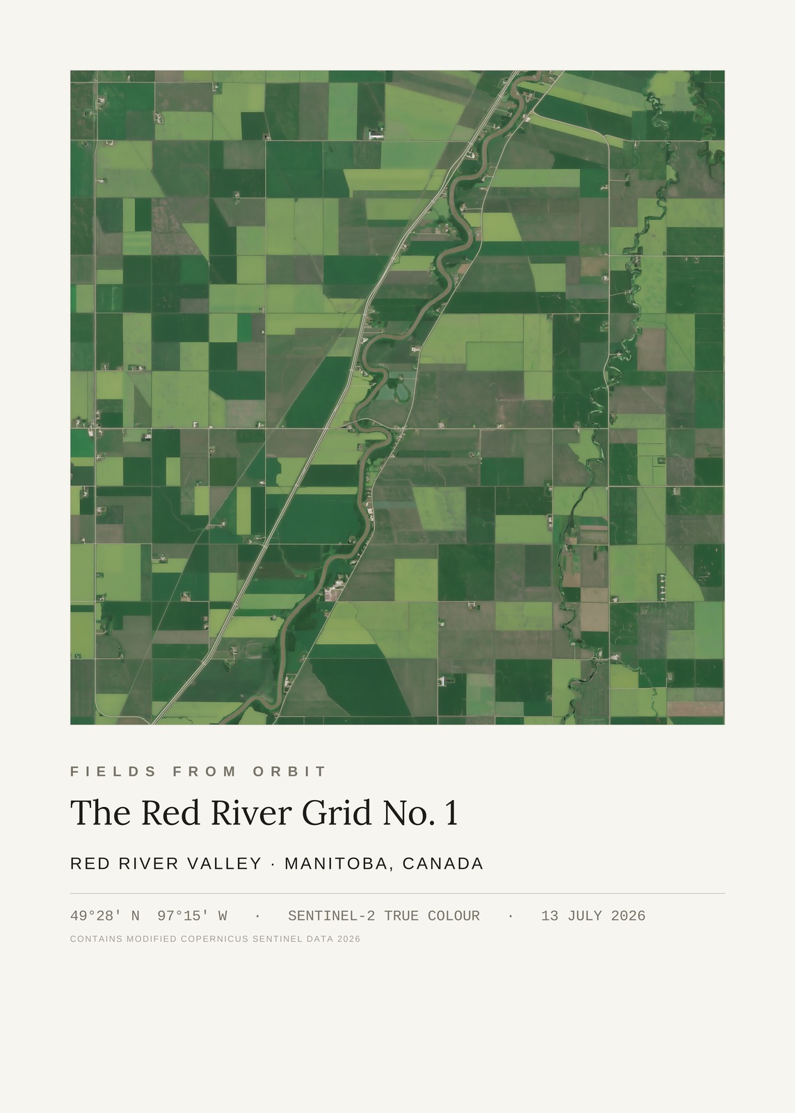 The Red River Grid No. 1 — satellite art print of Red River Valley, south of Winnipeg, Manitoba, Canada, captured 2026-07-13