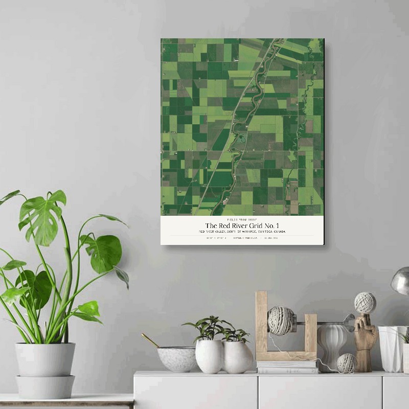 The Red River Grid No. 1 — 16x20 gallery-wrapped canvas print of Red River Valley, south of Winnipeg, Manitoba, Canada shown hanging on a wall