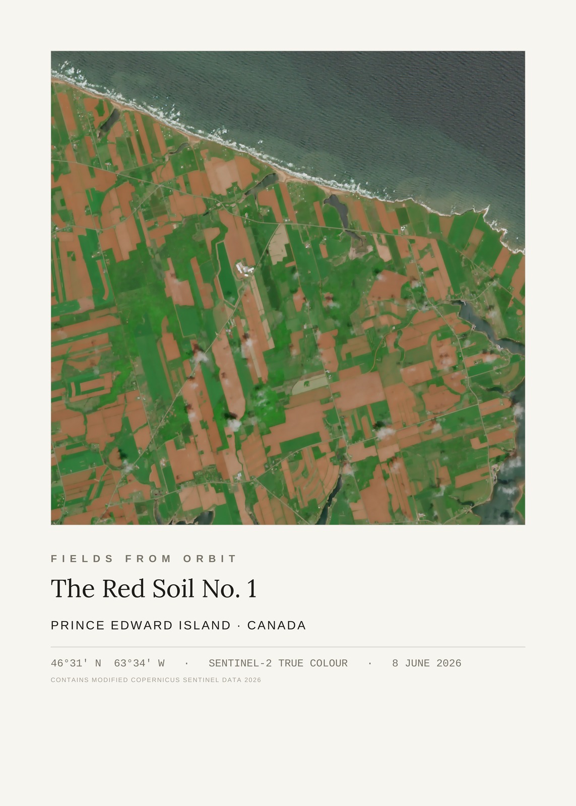 The Red Soil No. 1 — satellite art print of North shore, Prince Edward Island, Canada, captured 2026-06-08