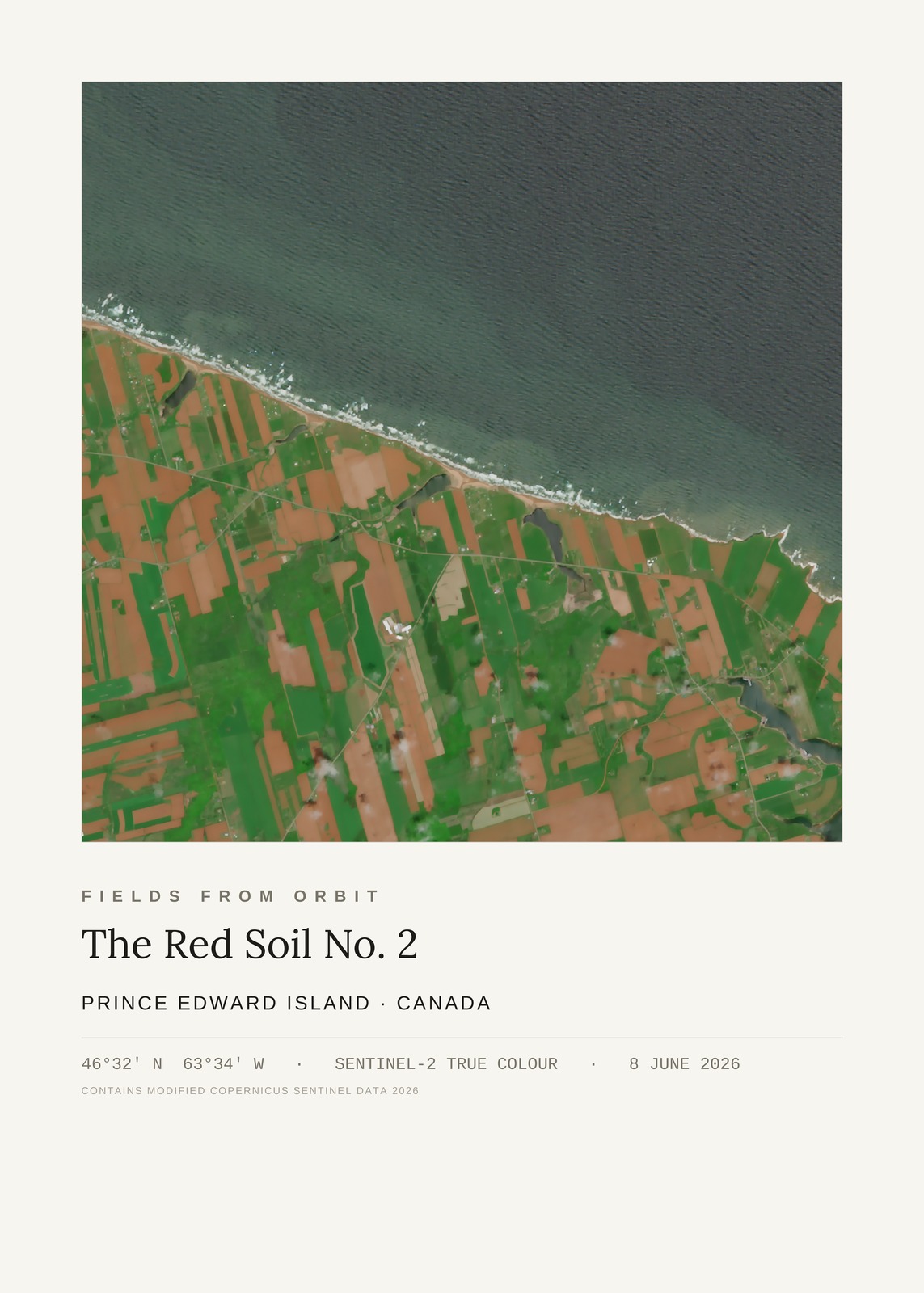The Red Soil No. 2 — satellite art poster of North shore, Prince Edward Island, Canada, shown with its museum label