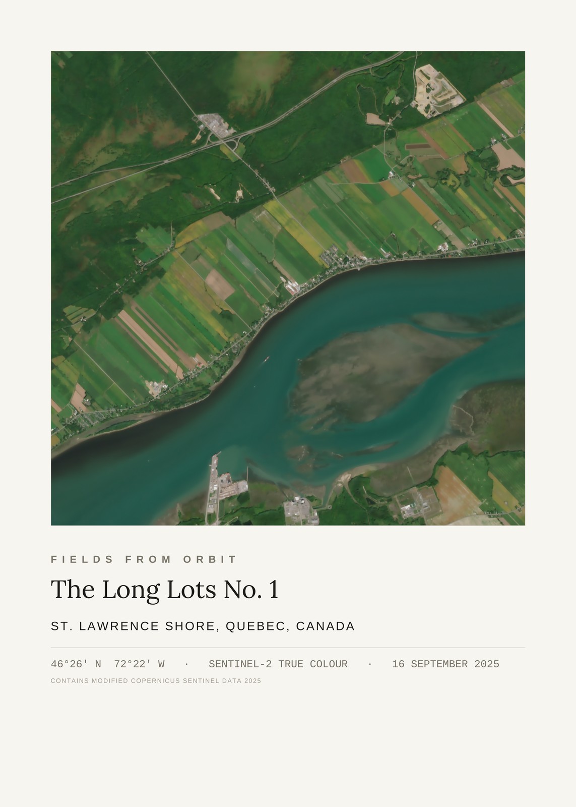 The Long Lots No. 1 — satellite art poster of St. Lawrence shore, Quebec, Canada, shown with its museum label