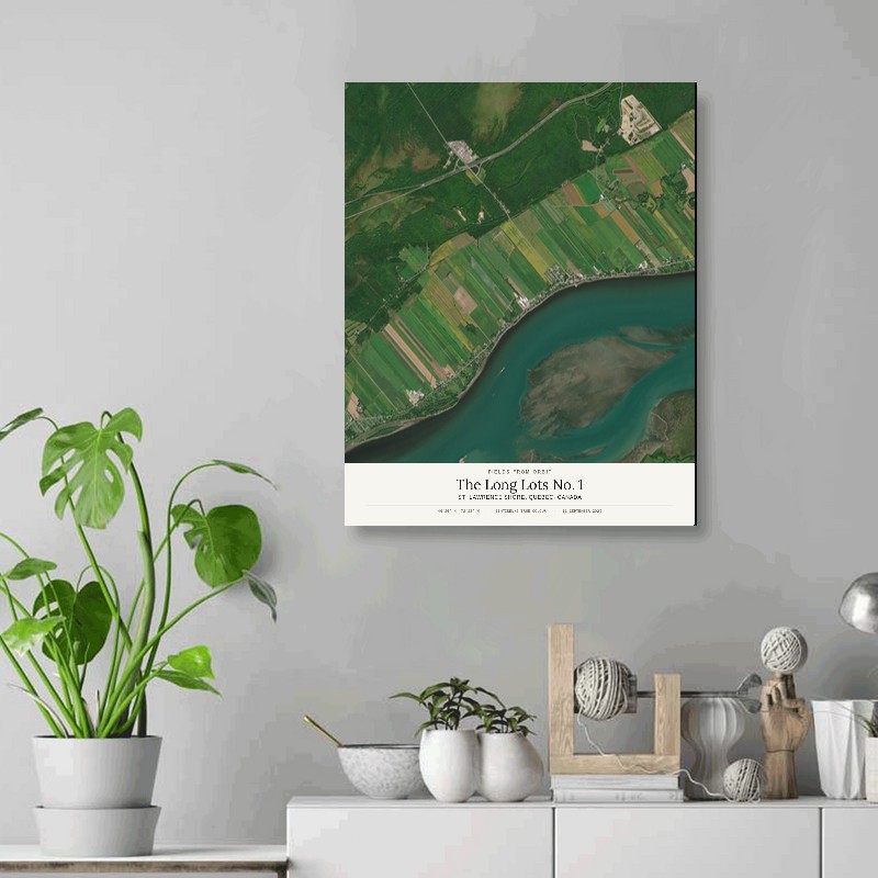 The Long Lots No. 1 — 16x20 gallery-wrapped canvas print of St. Lawrence shore, Quebec, Canada shown hanging on a wall