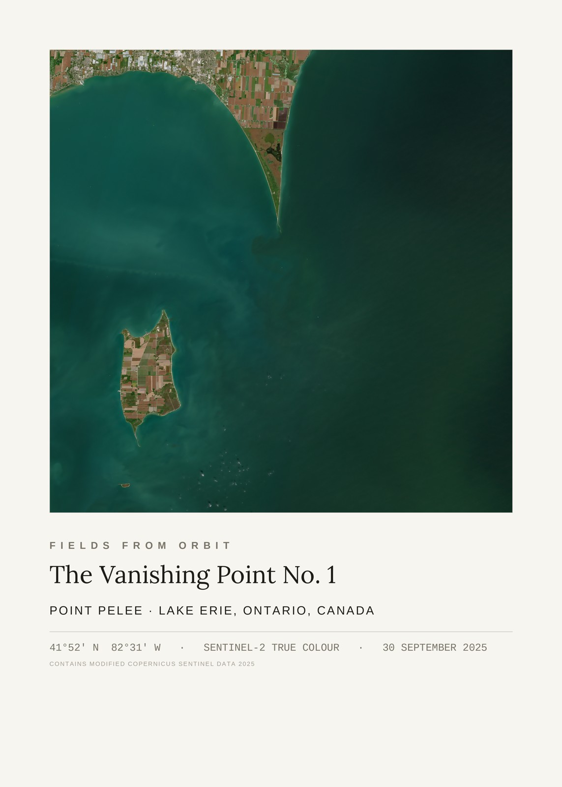 The Vanishing Point No. 1 — satellite art print of Point Pelee, Lake Erie, Ontario, Canada, captured 2025-09-30