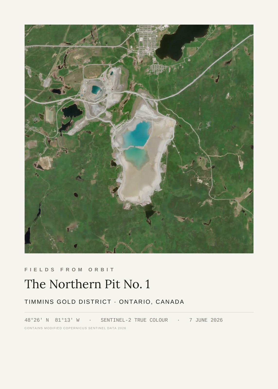 The Northern Pit No. 1 — satellite art poster of Timmins gold mining district, Ontario, Canada, shown with its museum label