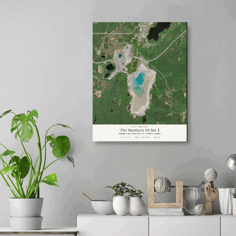 The Northern Pit No. 1 — 16x20 gallery-wrapped canvas print of Timmins gold mining district, Ontario, Canada shown hanging on a wall