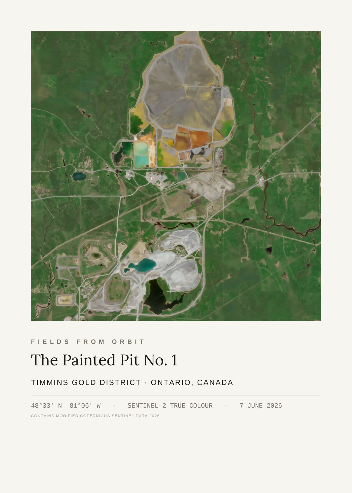 The Painted Pit No. 1 — satellite art poster of Timmins gold mining district, Ontario, Canada, shown with its museum label