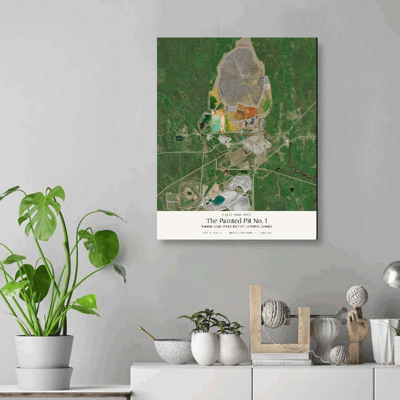 The Painted Pit No. 1 — 16x20 gallery-wrapped canvas print of Timmins gold mining district, Ontario, Canada shown hanging on a wall