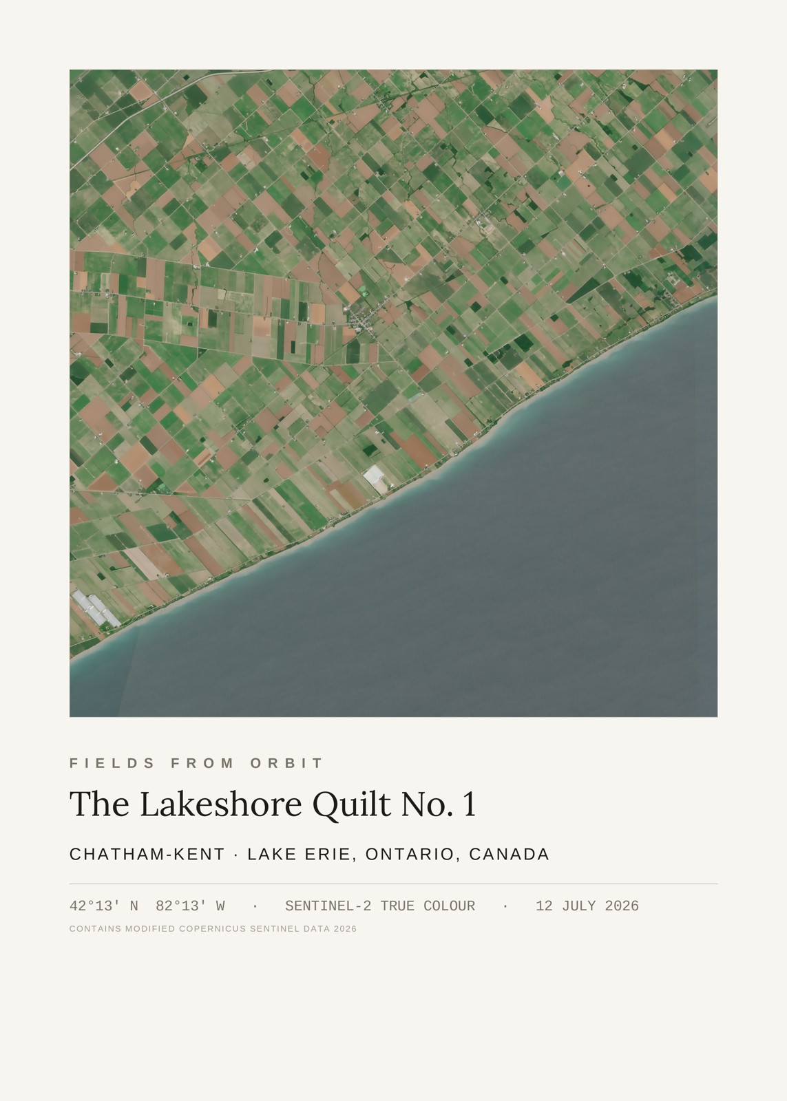 The Lakeshore Quilt No. 1 — satellite art print of Chatham-Kent, Lake Erie, Ontario, Canada, captured 2026-07-12