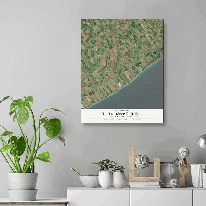 The Lakeshore Quilt No. 1 — 16x20 gallery-wrapped canvas print of Chatham-Kent, Lake Erie, Ontario, Canada shown hanging on a wall