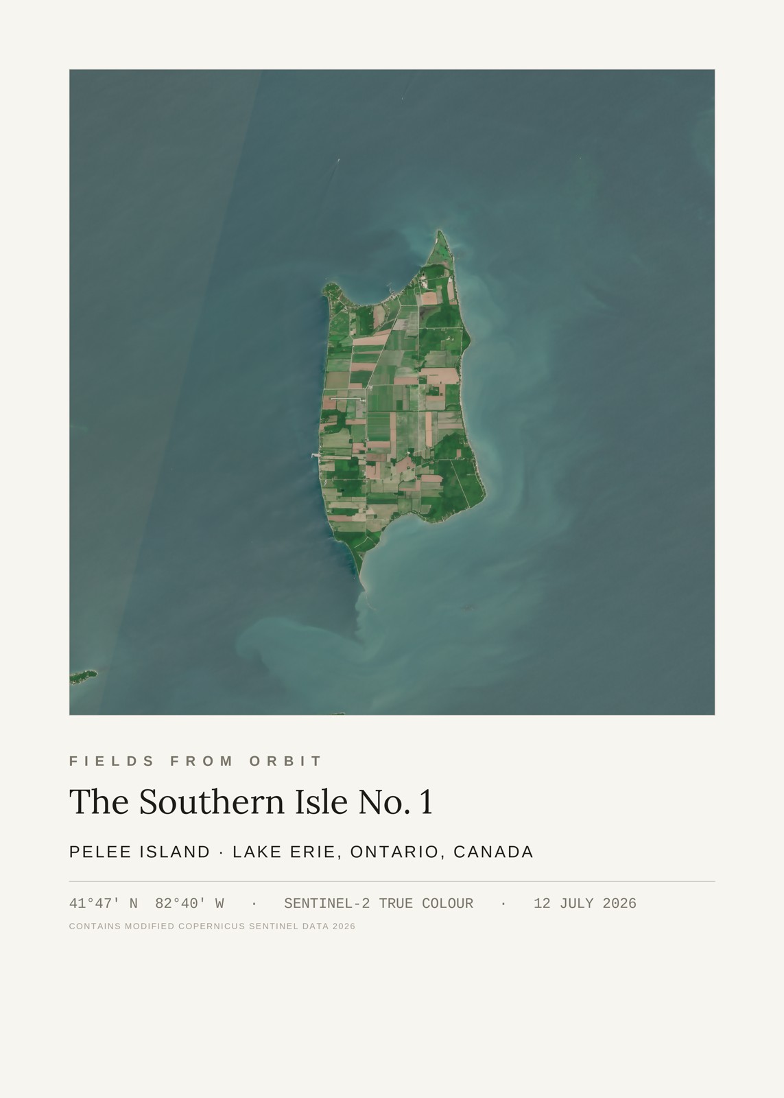 The Southern Isle No. 1 — satellite art print of Pelee Island, Lake Erie, Ontario, Canada, captured 2026-07-12