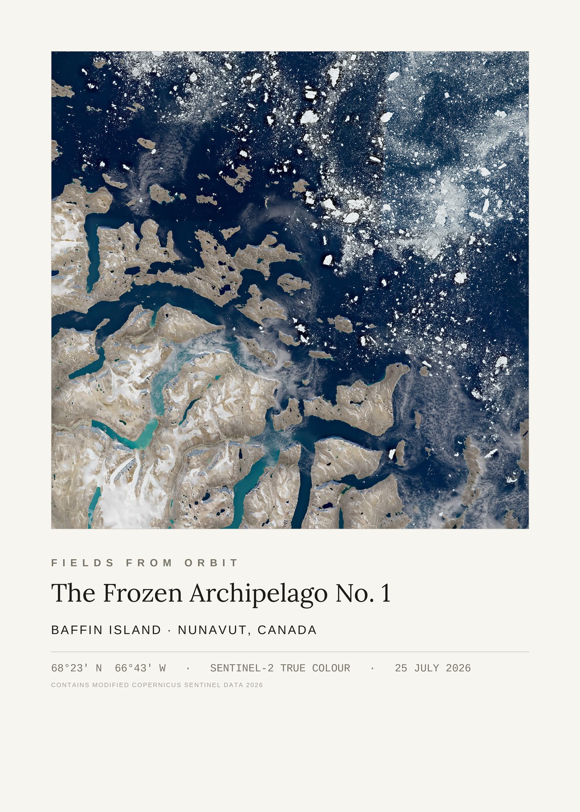 The Frozen Archipelago No. 1 — satellite art print of Baffin Island, Nunavut, Canada, captured 2026-07-25