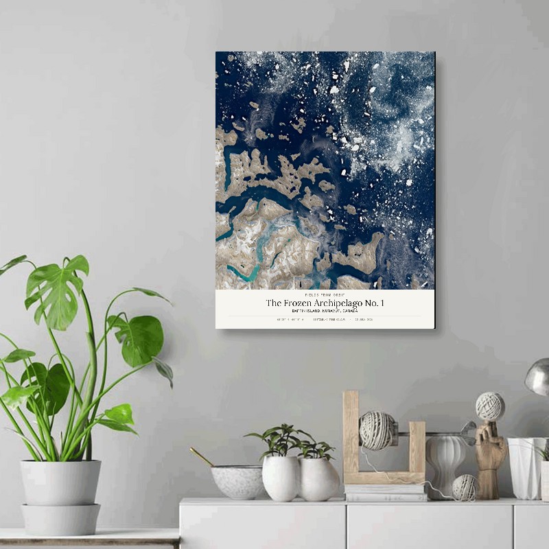 The Frozen Archipelago No. 1 — 16x20 gallery-wrapped canvas print of Baffin Island, Nunavut, Canada shown hanging on a wall