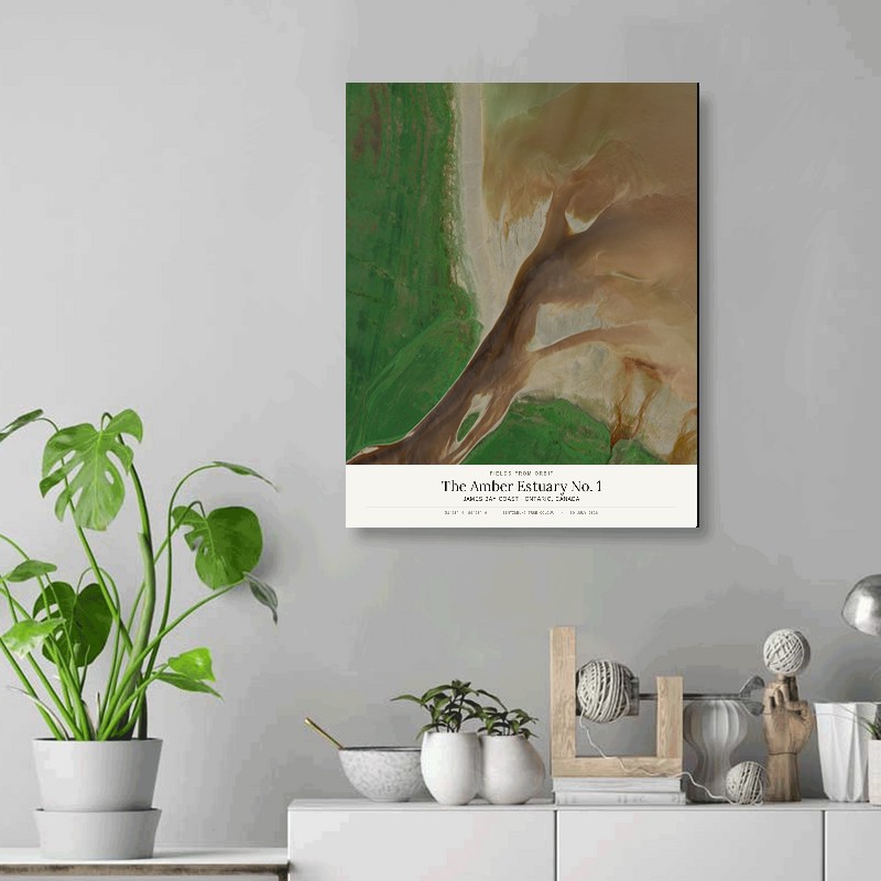 The Amber Estuary No. 1 — 16x20 gallery-wrapped canvas print of James Bay coast · Ontario, Canada shown hanging on a wall