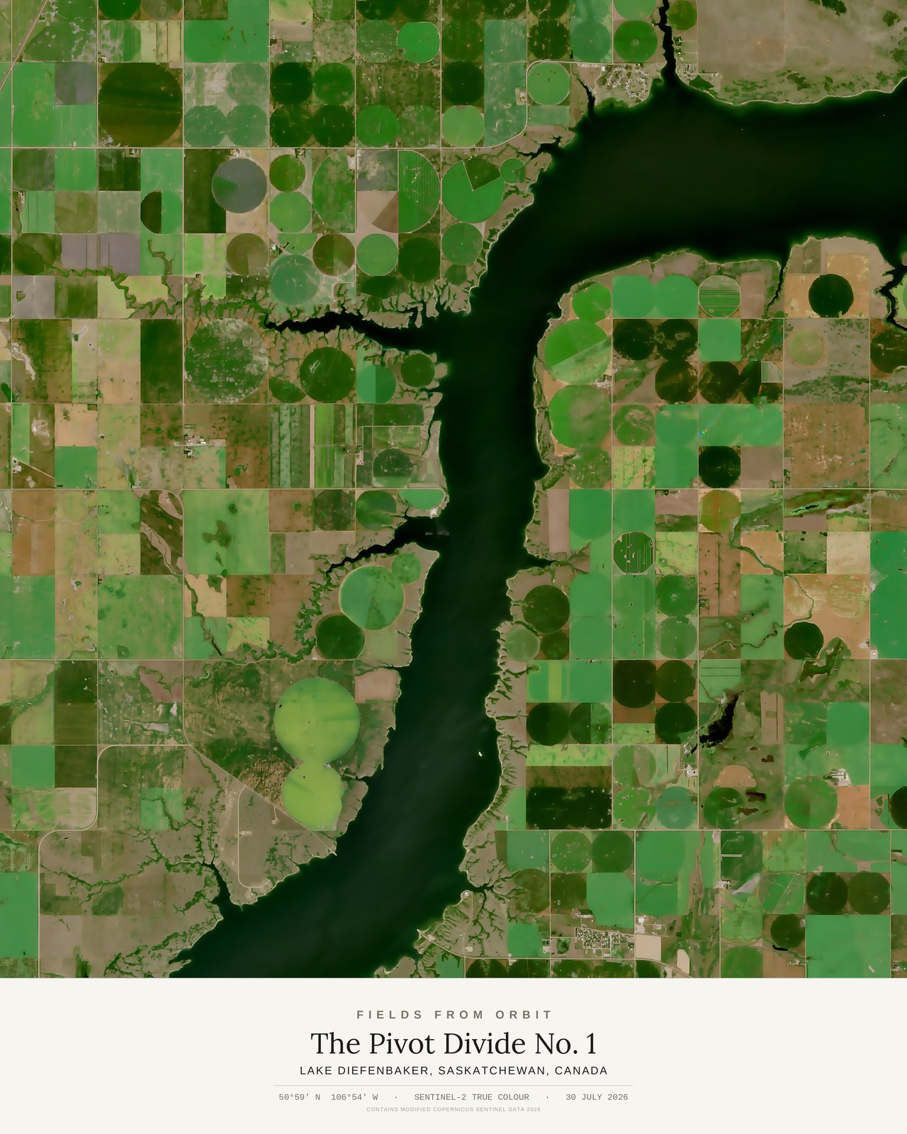 The Pivot Divide No. 1 — satellite art print of Lake Diefenbaker, Saskatchewan, Canada, captured 2026-07-30