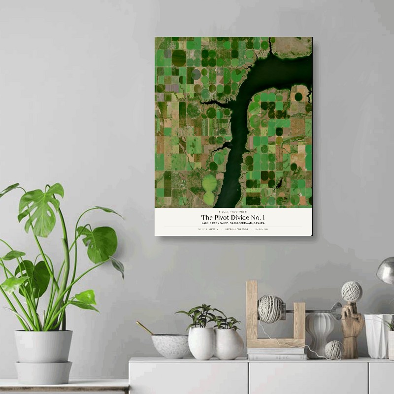 The Pivot Divide No. 1 — 16x20 gallery-wrapped canvas print of Lake Diefenbaker, Saskatchewan, Canada shown hanging on a wall