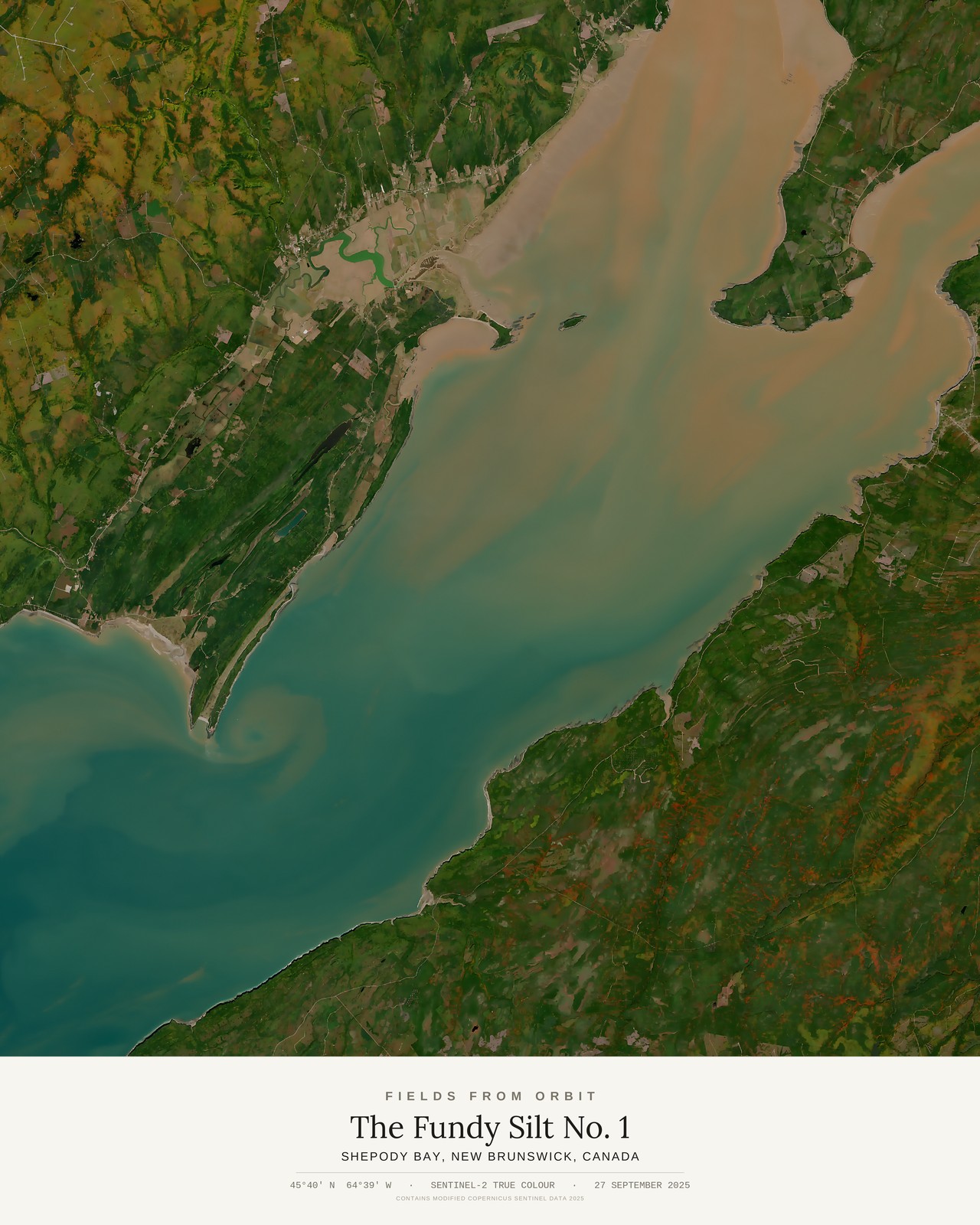 The Fundy Silt No. 1 — satellite art poster of Shepody Bay, New Brunswick, Canada, shown with its museum label