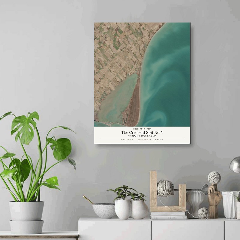 The Crescent Spit No. 1 — 16x20 gallery-wrapped canvas print of Rondeau Bay, Ontario, Canada shown hanging on a wall