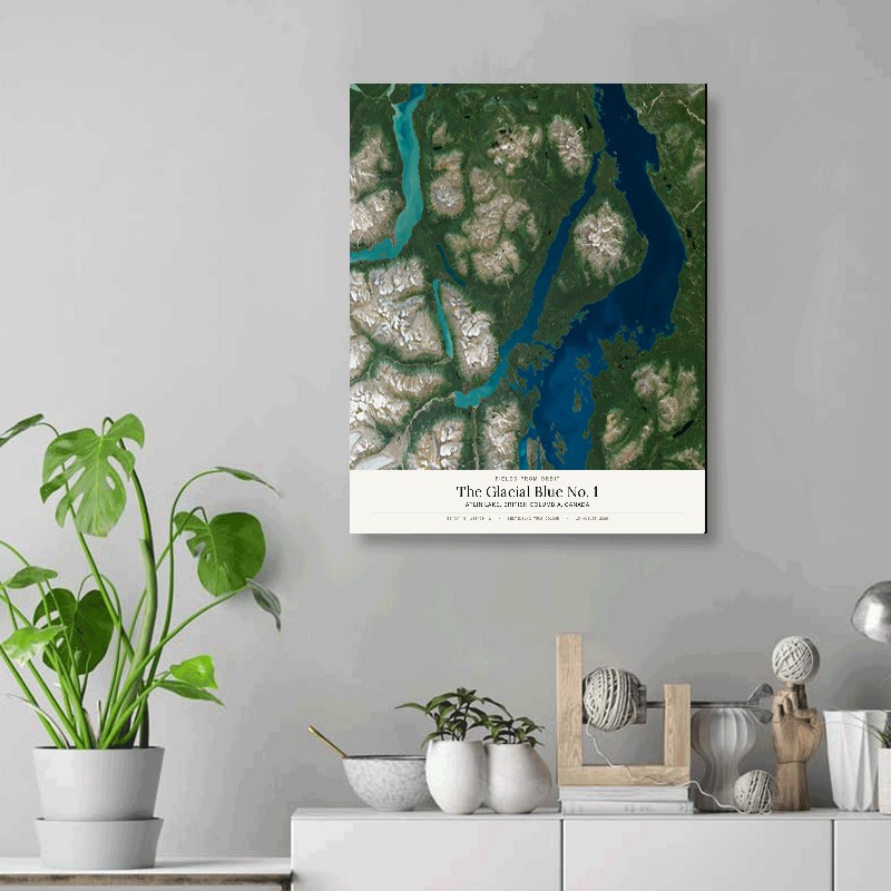 The Glacial Blue No. 1 — 16x20 gallery-wrapped canvas print of Atlin Lake, British Columbia, Canada shown hanging on a wall
