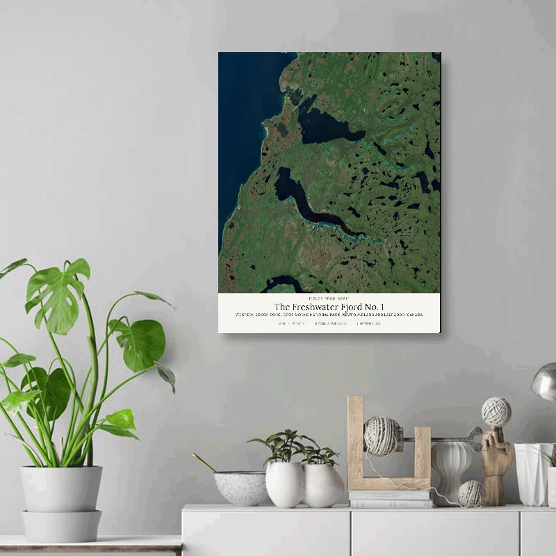 The Freshwater Fjord No. 1 — 16x20 gallery-wrapped canvas print of Western Brook Pond, Gros Morne National Park, Newfoundland and Labrador, Canada shown hanging on a wall