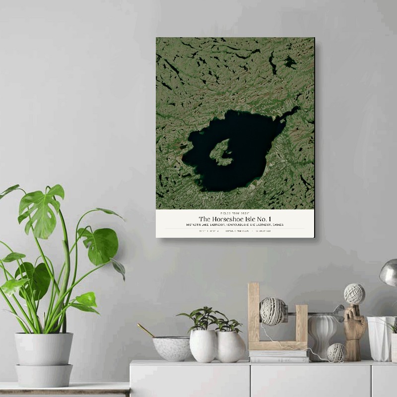 The Horseshoe Isle No. 1 — 16x20 gallery-wrapped canvas print of Mistastin Lake, Labrador, Newfoundland and Labrador, Canada shown hanging on a wall