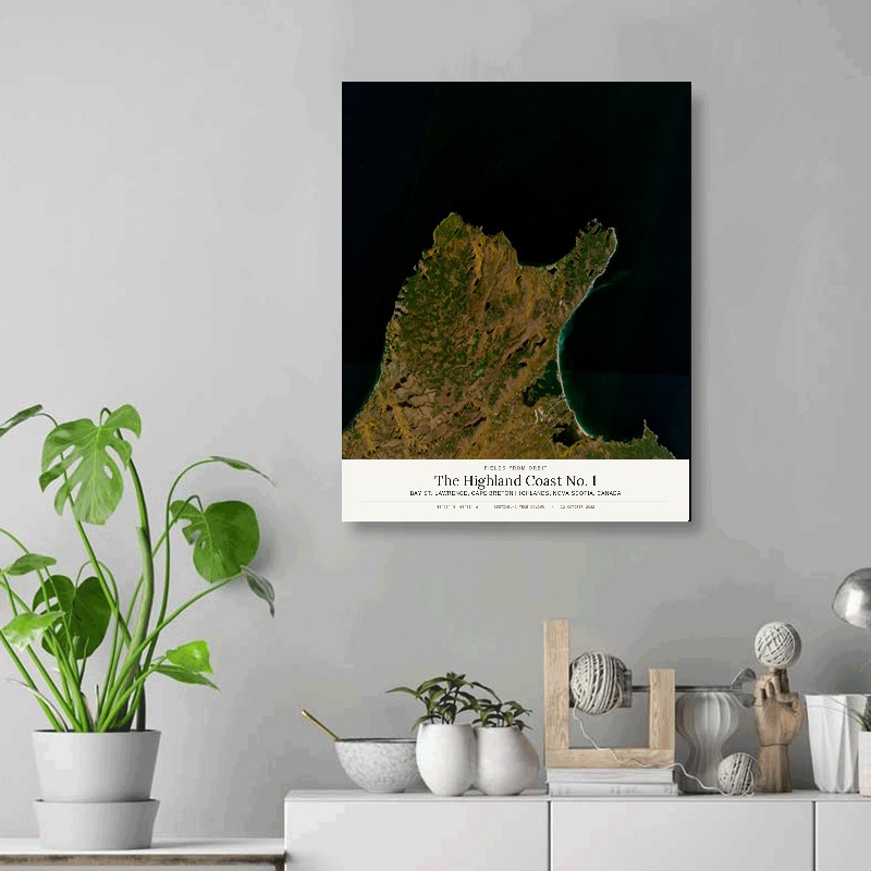 The Highland Coast No. 1 — 16x20 gallery-wrapped canvas print of Bay St. Lawrence, Cape Breton Highlands, Nova Scotia, Canada shown hanging on a wall
