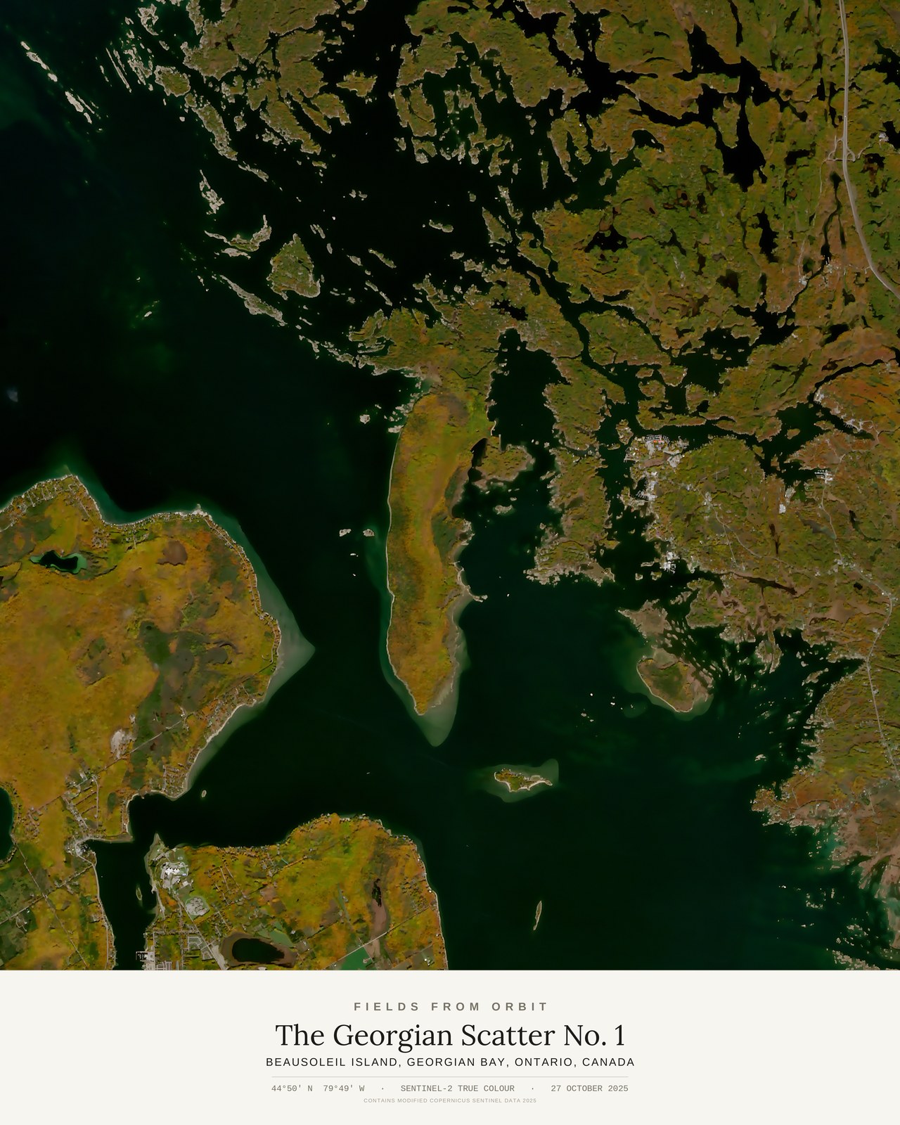 The Georgian Scatter No. 1 — satellite art poster of Beausoleil Island, Georgian Bay, Ontario, Canada, shown with its museum label