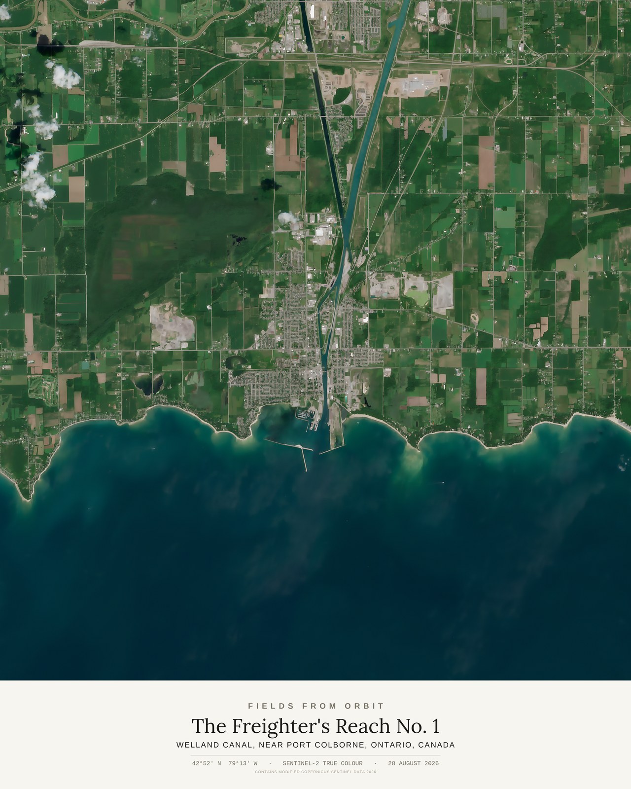 The Freighter's Reach No. 1 — satellite art poster of Welland Canal, near Port Colborne, Ontario, Canada, shown with its museum label