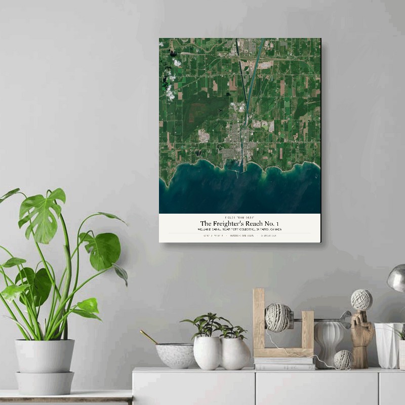 The Freighter's Reach No. 1 — 16x20 gallery-wrapped canvas print of Welland Canal, near Port Colborne, Ontario, Canada shown hanging on a wall