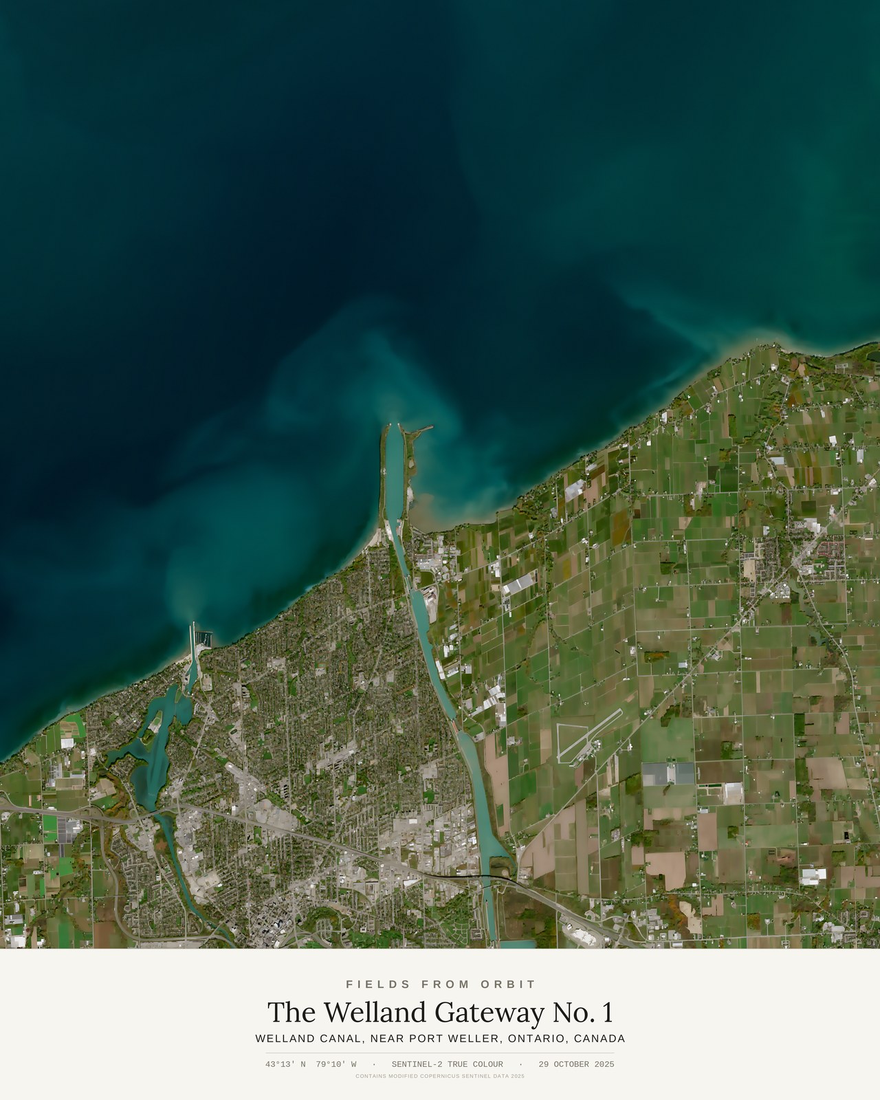 The Welland Gateway No. 1 — satellite art poster of Welland Canal, near Port Weller, Ontario, Canada, shown with its museum label