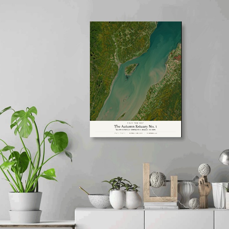 The Autumn Estuary No. 1 — 16x20 gallery-wrapped canvas print of Île aux Coudres, Charlevoix, Quebec, Canada shown hanging on a wall