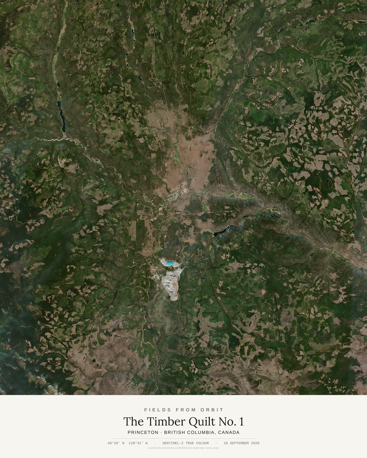The Timber Quilt No. 1 — satellite art print of Princeton, British Columbia, Canada, captured 2026-09-18