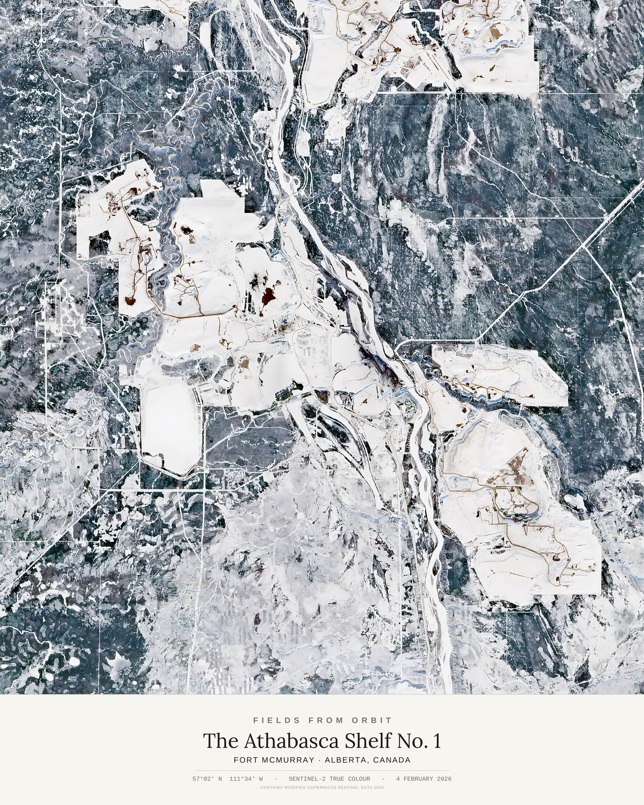 The Athabasca Shelf No. 1 — satellite art print of Fort McMurray, Alberta, Canada, captured 2026-02-04